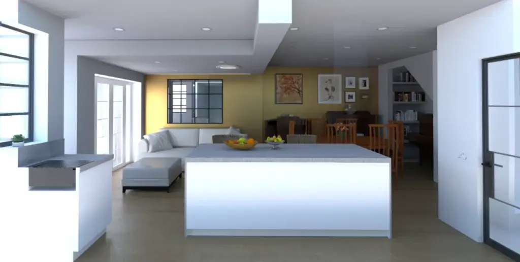 A Computer generated image showing a design option for an open plan kitchen